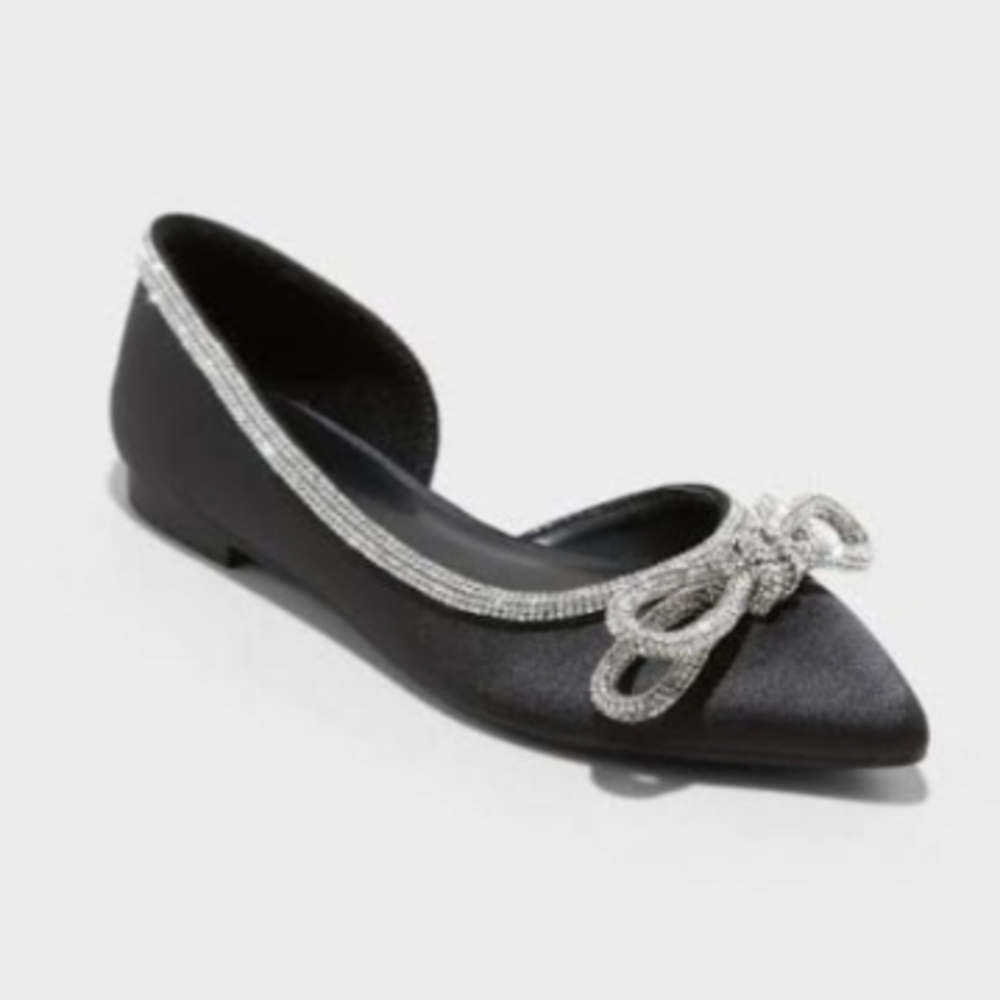 a new day Black Flats with Silver Bow Detail